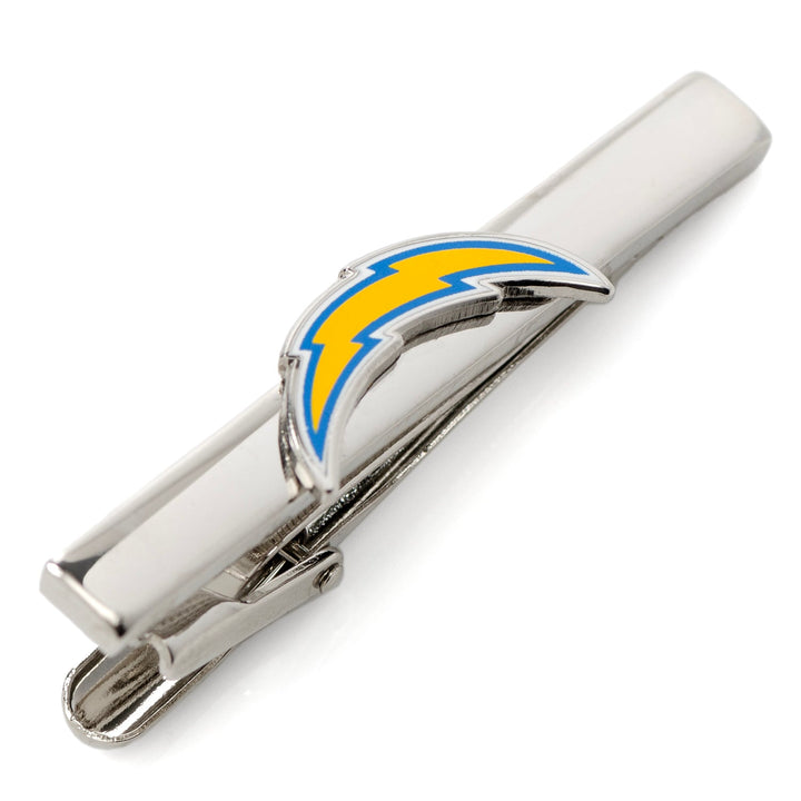 Silver-toned NFL Los Angeles Chargers Tie Clip featuring a yellow and blue lightning bolt emblem.