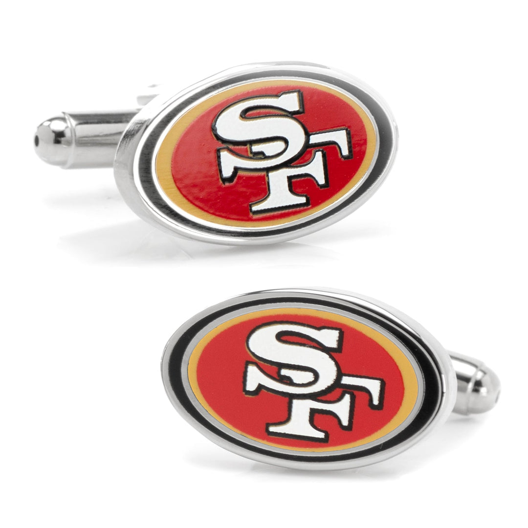 Oval-shaped NFL San Francisco 49ers Cufflinks featuring the team logo in red, gold, white, and black.