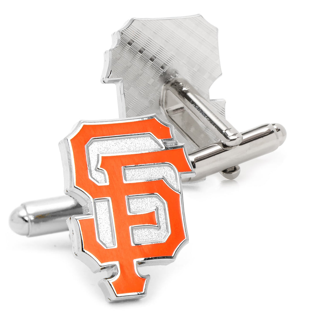 Two silver-toned MLB San Francisco Giants Cufflinks featuring an orange and silver “SF” logo.