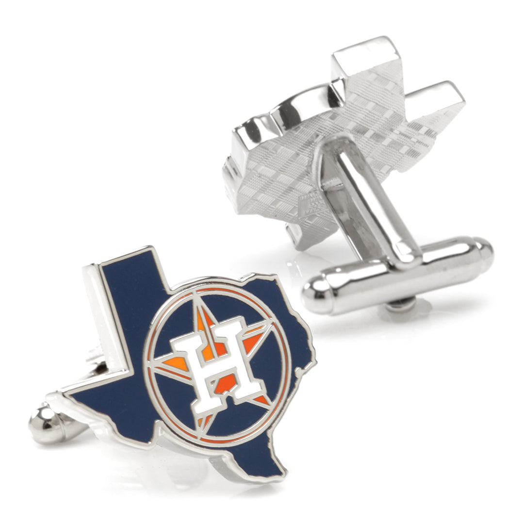 MLB Houston Astros State Shaped Cufflinks in silver-tone, shaped like the state of Texas with a dark blue background and an orange and white team logo.