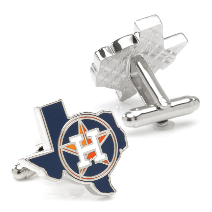 MLB Houston Astros State Shaped Cufflinks in silver-tone, shaped like the state of Texas with a dark blue background and an orange and white team logo.