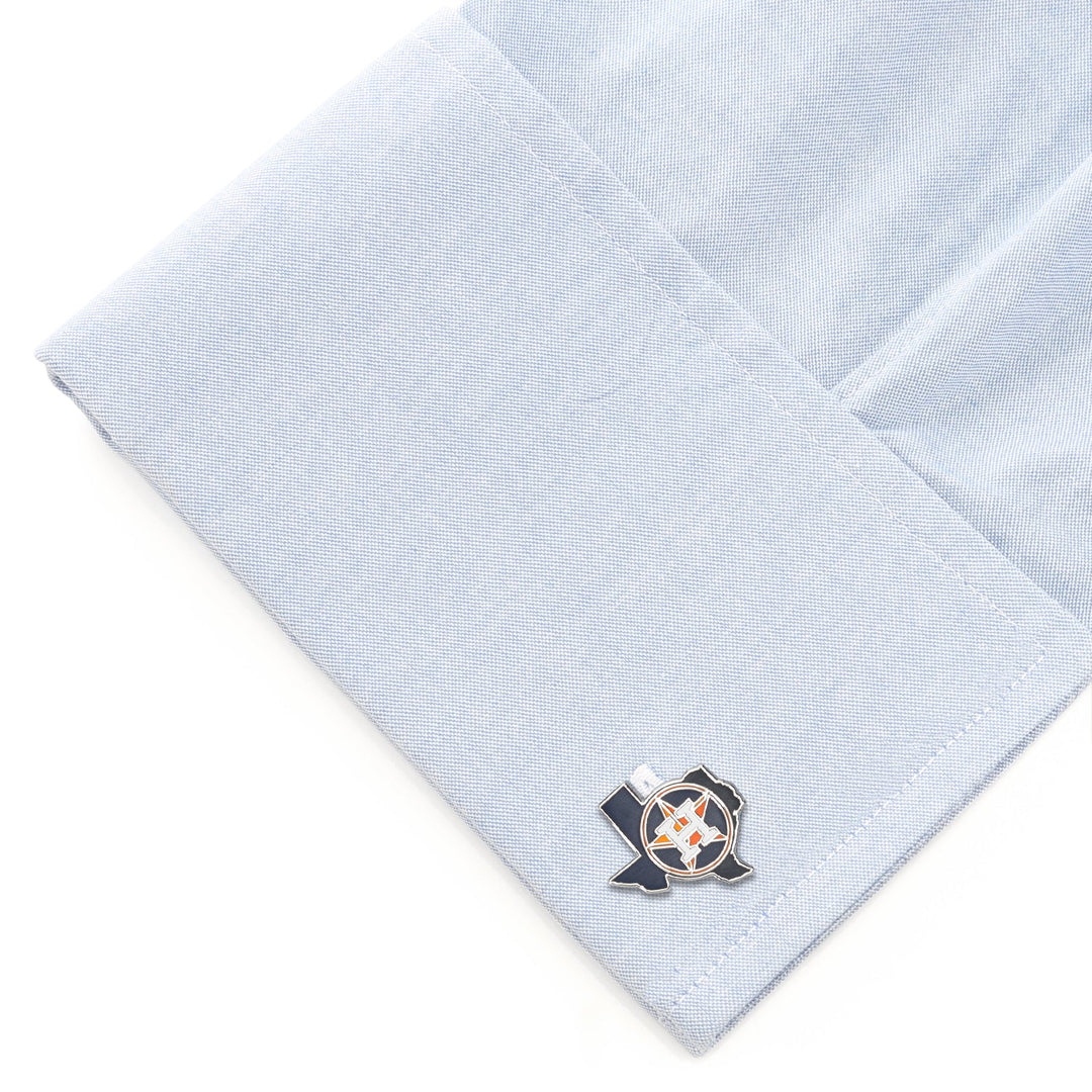 MLB Houston Astros State Shaped Cufflinks shaped like the state of Texas, attached to a light blue shirt cuff.