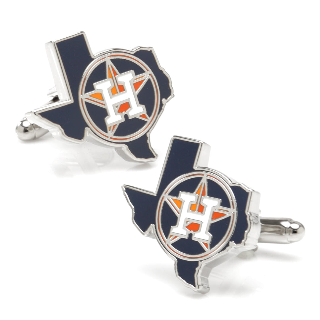 MLB Houston Astros State Shaped Cufflinks in silver-tone, shaped like the state of Texas with a navy blue, orange, and white team logo.