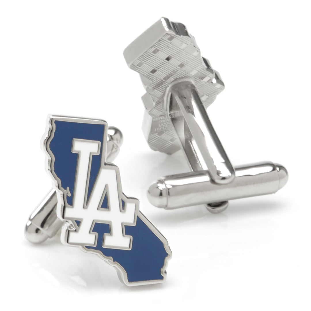MLB LA Dodgers State Shaped Cufflinks in silver-tone, shaped like California with a blue background and white team logo.