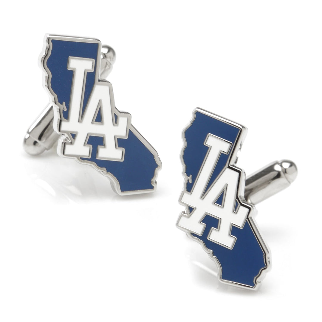 MLB LA Dodgers State Shaped Cufflinks, each shaped like the state of California in blue enamel with the white LA logo on top.