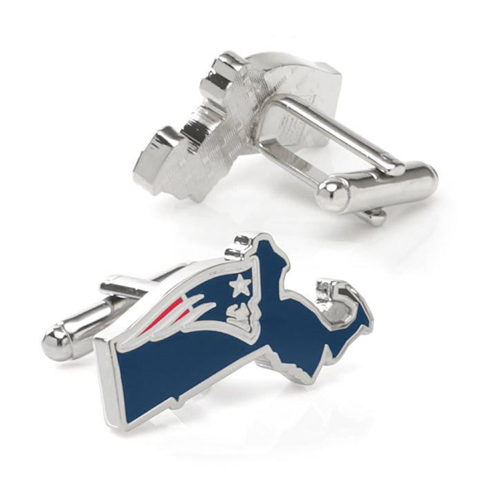 NFL New England Patriots State Shaped Cufflinks in silver, with one featuring the team logo in blue, white, and red.