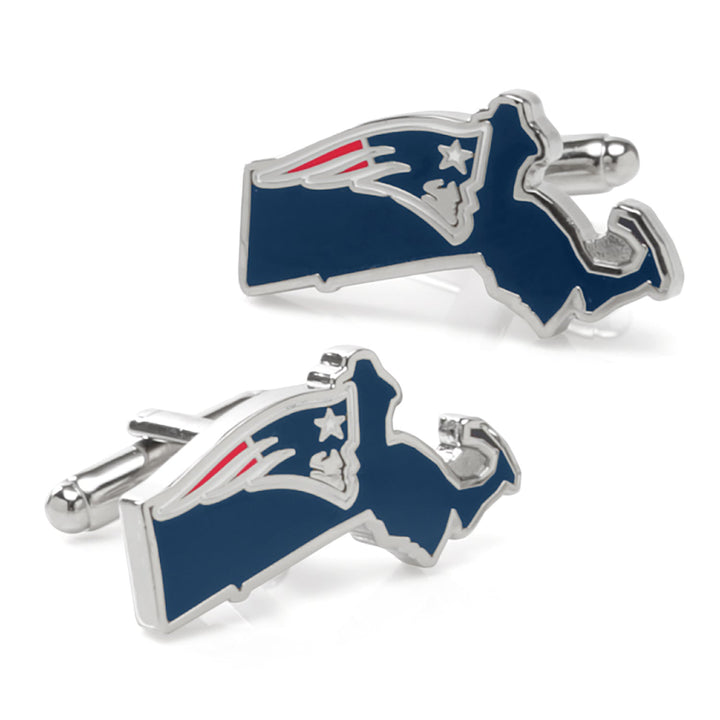 NFL New England Patriots State Shaped Cufflinks in a silver-tone finish, shaped like the state of Massachusetts and featuring the team logo.