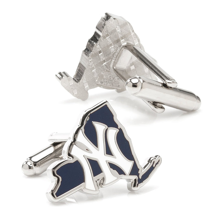 MLB New York Yankees State Shaped Cufflinks featuring a blue and white team logo on a metal, New York-shaped design.