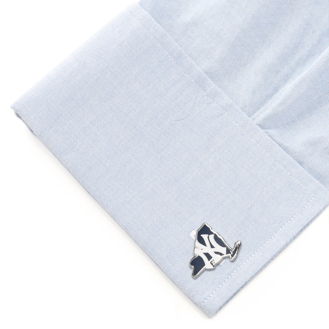 MLB New York Yankees State Shaped Cufflinks in the shape of New York, attached to a light blue dress shirt cuff.