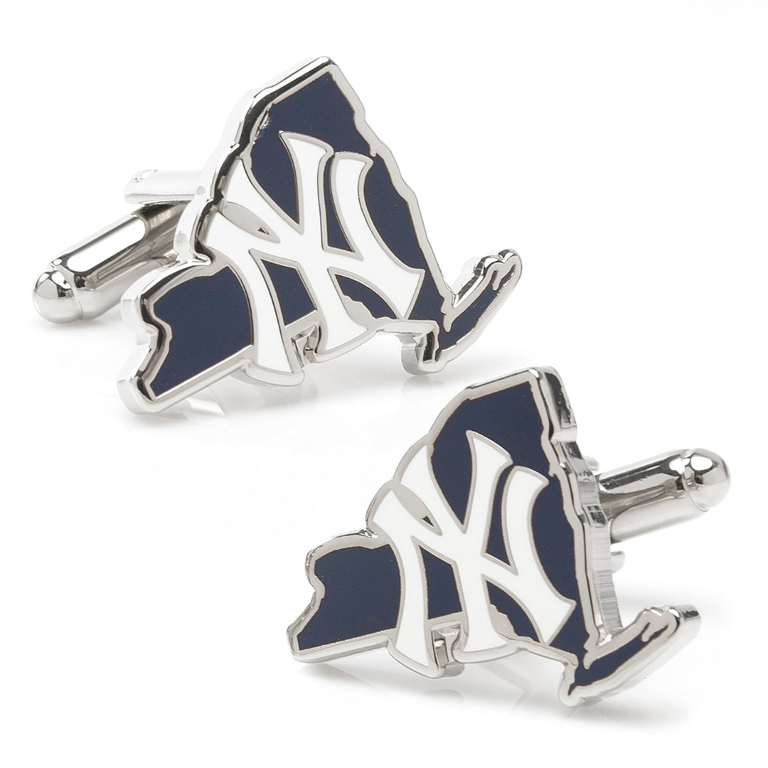 MLB New York Yankees State Shaped Cufflinks in the shape of New York state, featuring a navy blue background and the team’s white logo.