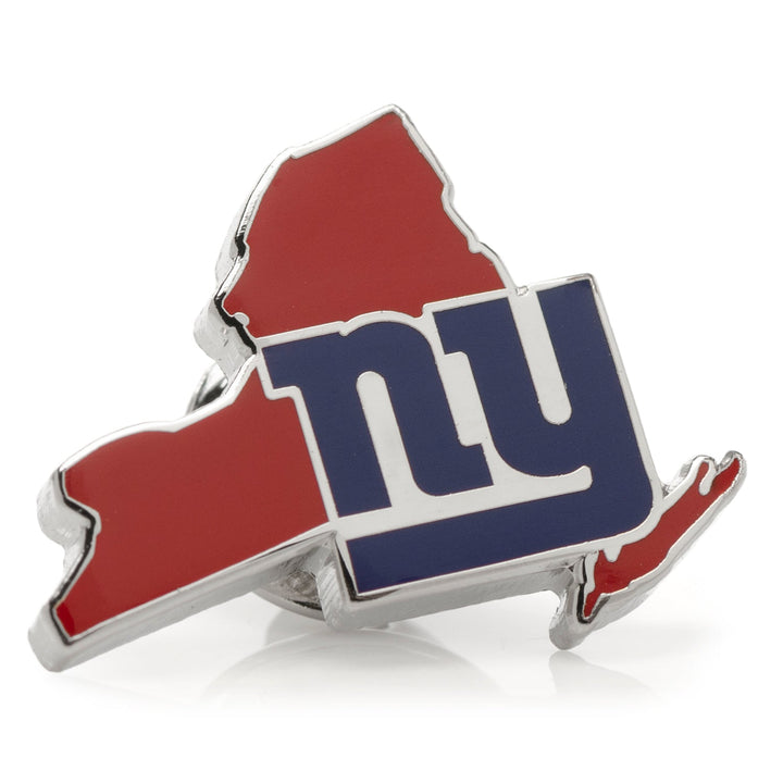 An NFL New York Giants State Shaped Lapel Pin shaped like the state of New York in red and silver, featuring the blue and white “ny” logo.