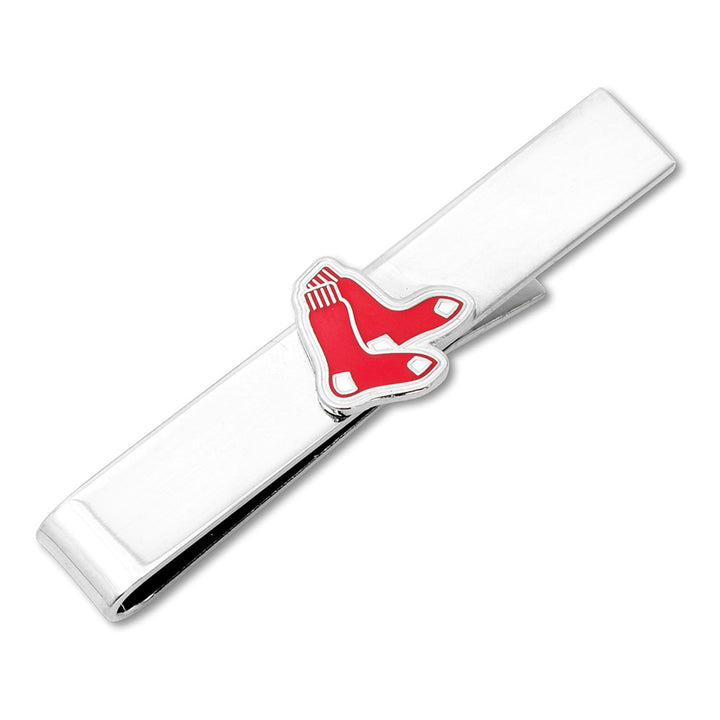 Silver Boston Red Sox tie bar from the MLB Boston Red Sox Cufflinks and Tie Bar Gift Set, featuring a red and white hanging sock emblem.