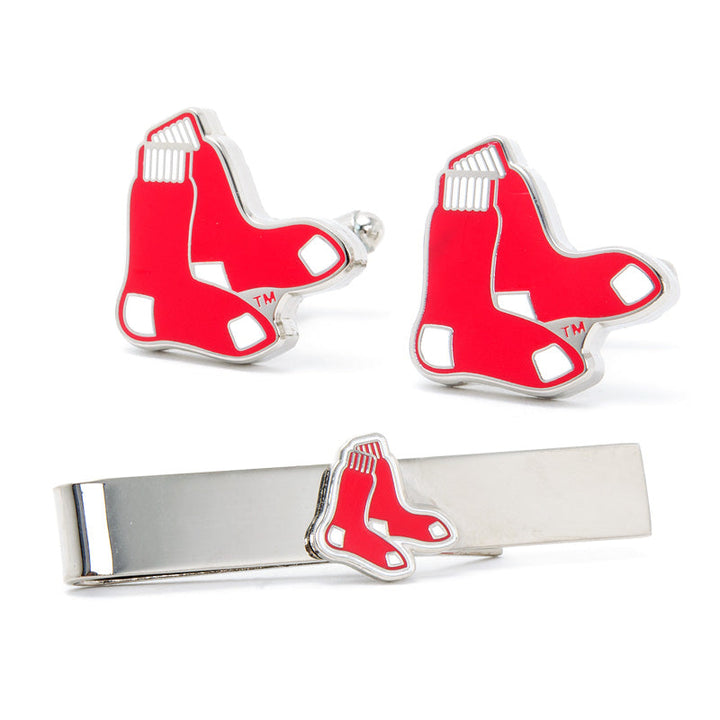 MLB Boston Red Sox Cufflinks and Tie Bar Gift Set featuring two silver cufflinks and a silver tie bar, each with a red and white hanging sock emblem.
