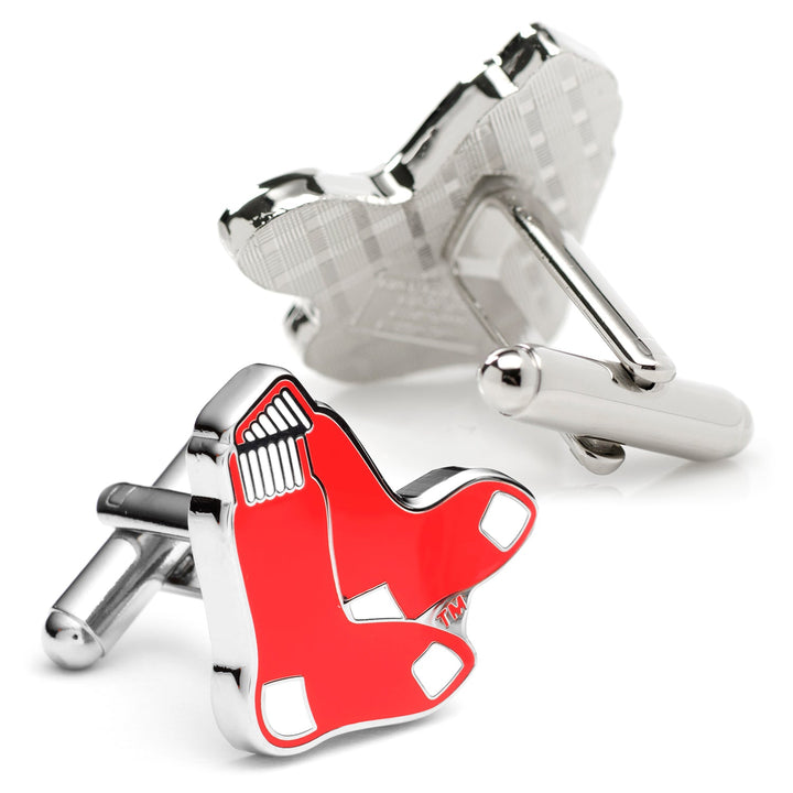 Two silver-toned MLB Red Sox Cufflinks featuring a red stocking logo.