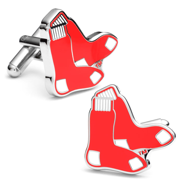 Silver-toned MLB Red Sox Cufflinks shaped like red socks with white cuffs and heels.
