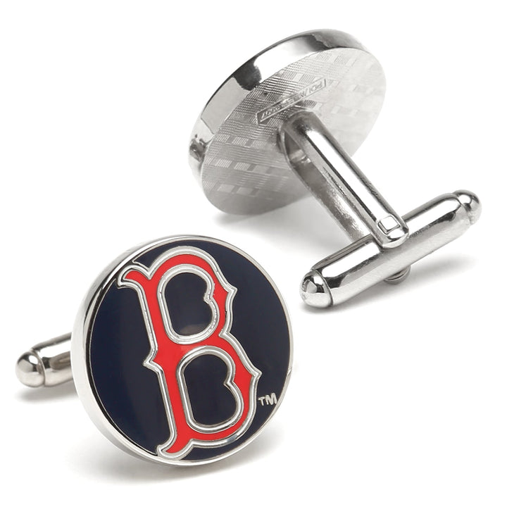 MLB Boston Red Sox Classic Cufflinks featuring two circular silver-tone cufflinks with the team’s red and white “B” logo on a navy background.