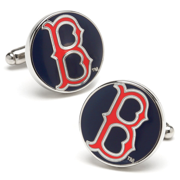 MLB Boston Red Sox Classic Cufflinks featuring two round silver cufflinks, each with a navy blue circle and a red “B” logo.