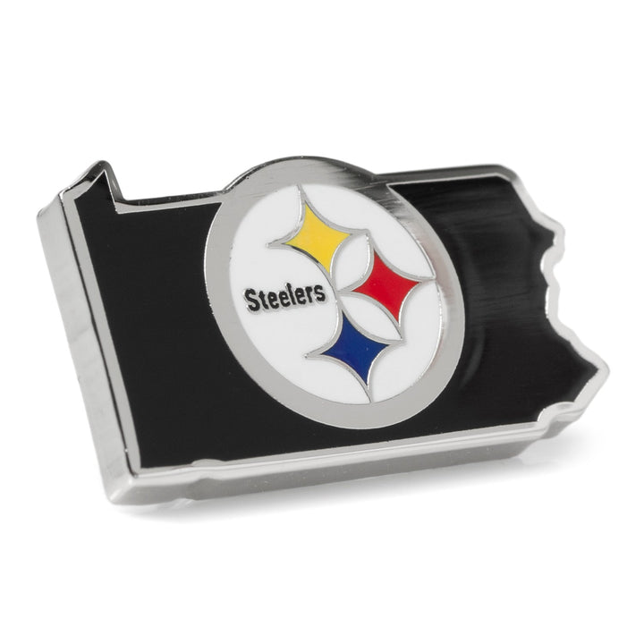 An NFL Pittsburgh Steelers State Shaped Lapel Pin featuring the team’s signature black, yellow, red, and blue logo.