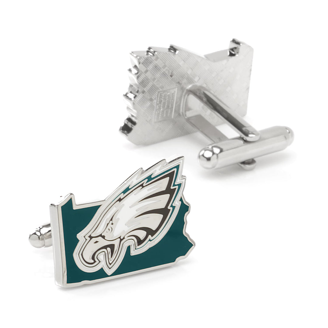 NFL Philadelphia Eagles State Shaped Cufflinks in metal, shaped like the state of Pennsylvania and featuring an officially licensed green and silver eagle logo.
