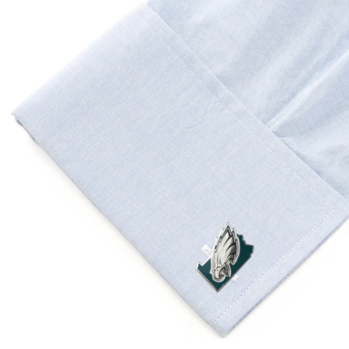 NFL Philadelphia Eagles State Shaped Cufflinks in the shape of Pennsylvania featuring the team logo.