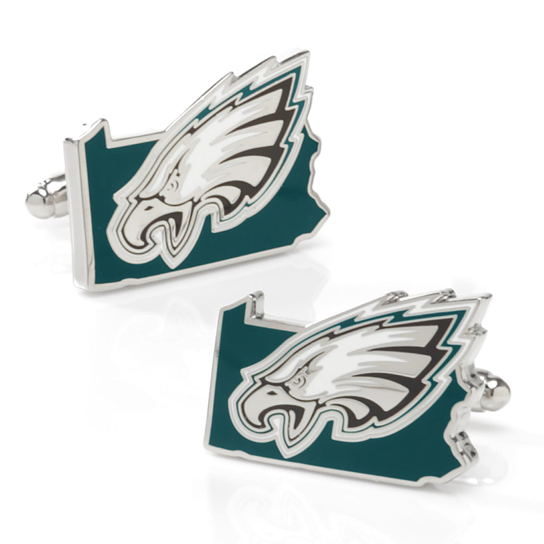 NFL Philadelphia Eagles State Shaped Cufflinks featuring the team logo in teal, black, and white on two metal, Pennsylvania-shaped pieces.