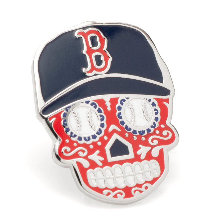 MLB Boston Red Sox Sugar Skull Lapel Pin featuring a sugar skull wearing a navy baseball cap with a red “B” logo and baseballs for eyes.