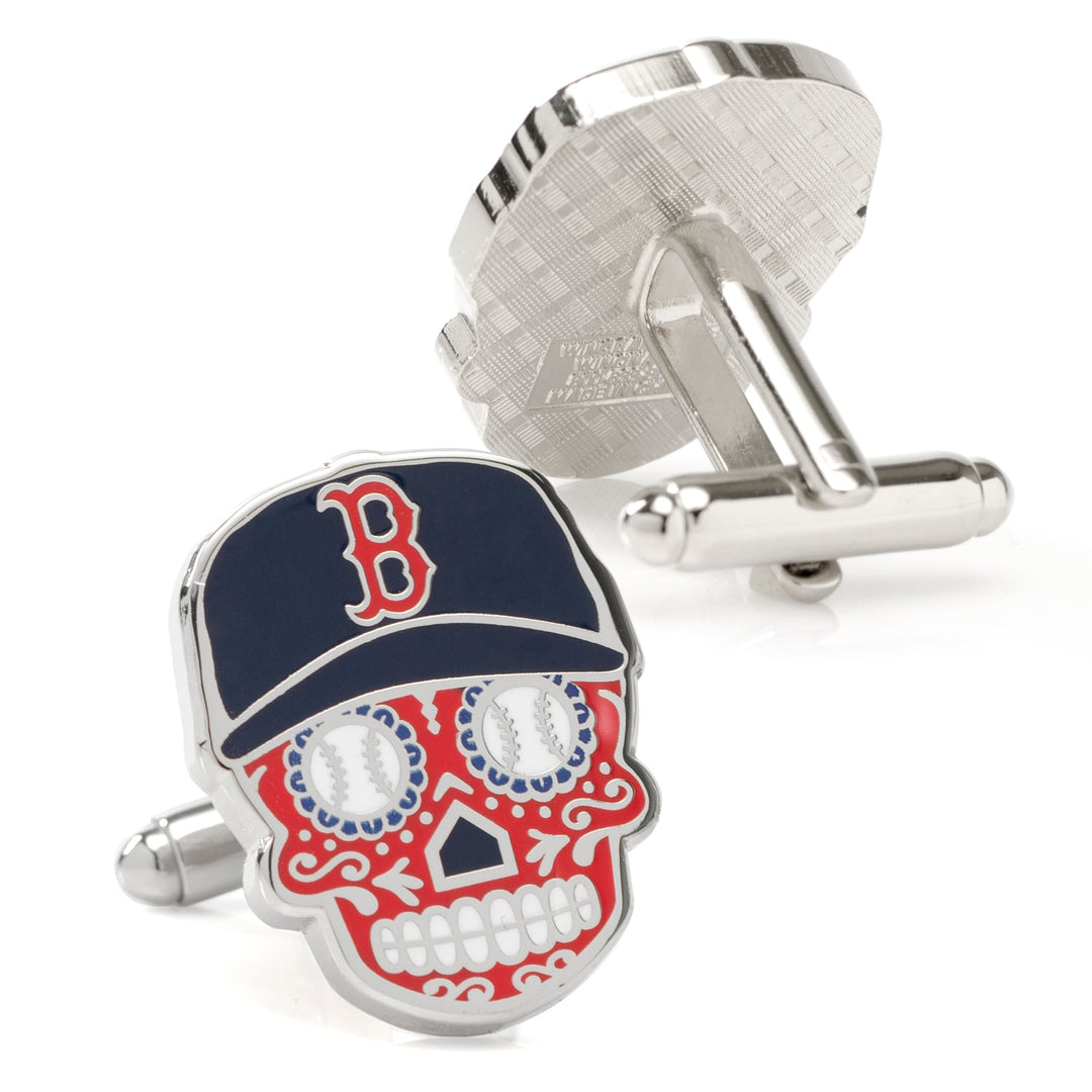 MLB Boston Red Sox Sugar Skull Cufflinks featuring a baseball cap with a red letter B logo and baseballs for eyes.