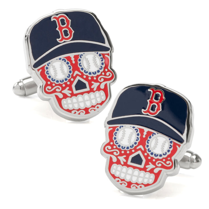 MLB Boston Red Sox Sugar Skull Cufflinks shaped like skulls wearing baseball caps with a red “B” logo and baseball-themed eye sockets.