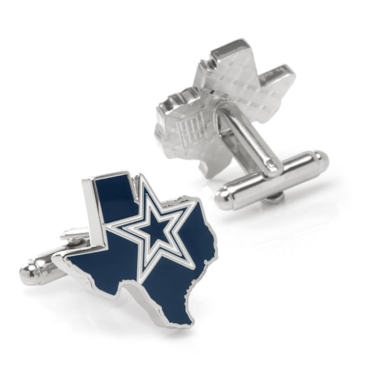 NFL Dallas Cowboys State Shaped Cufflinks in silver-toned metal, shaped like the state of Texas with one featuring a blue enamel inlay and a silver star logo.
