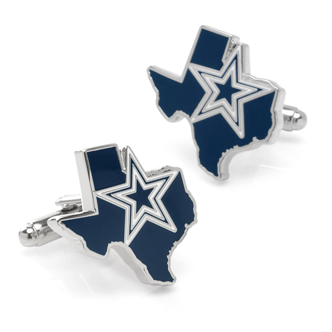 NFL Dallas Cowboys State Shaped Cufflinks in silver-tone, shaped like Texas with a dark blue fill and a white-outlined star emblem.