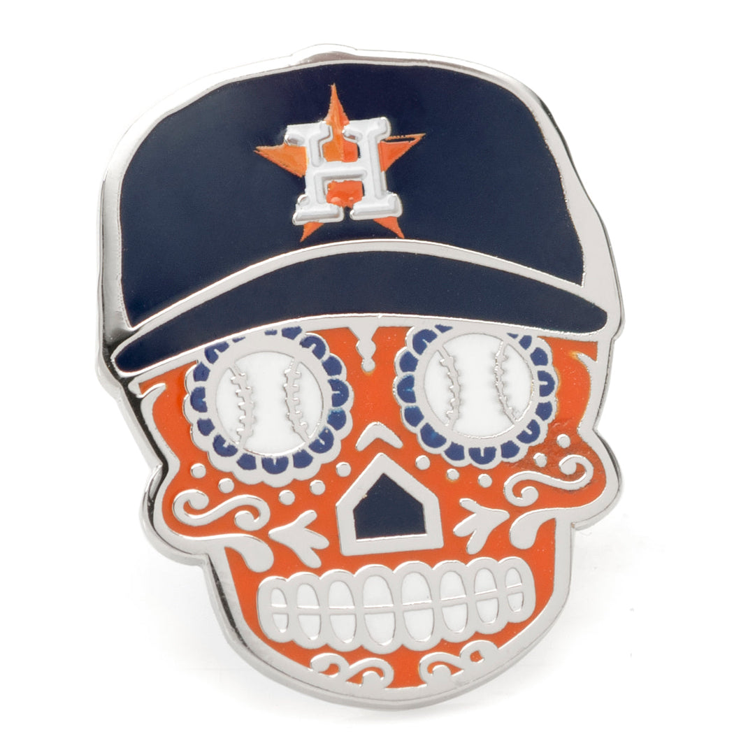 MLB Houston Astros Sugar Skull Lapel Pin in orange and dark blue, featuring a baseball cap with a star H logo and baseballs as eye sockets.