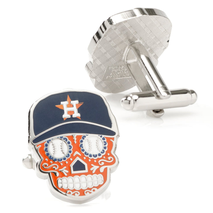 MLB Houston Astros Sugar Skull Cufflinks in silver-tone, featuring a baseball cap with a team logo and baseball-patterned eye sockets.