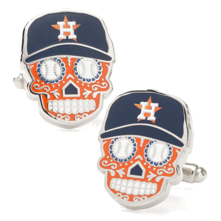 MLB Houston Astros Sugar Skull Cufflinks featuring two sugar skulls with baseball-patterned eye sockets and orange “H” logo baseball caps.