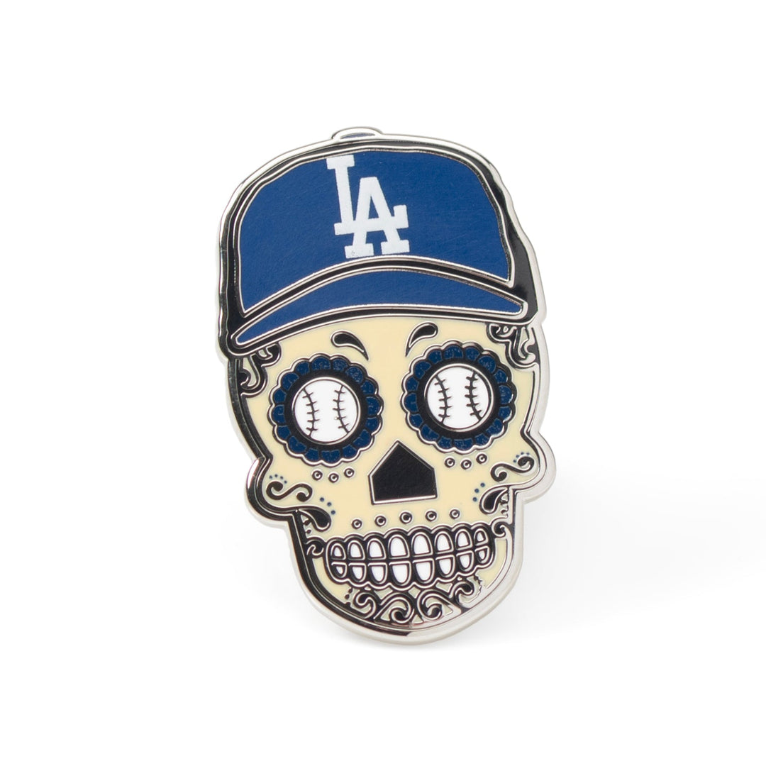 MLB LA Dodgers Sugar Skull Lapel Pin featuring an enamel sugar skull with baseball eye sockets wearing a blue LA Dodgers baseball cap.