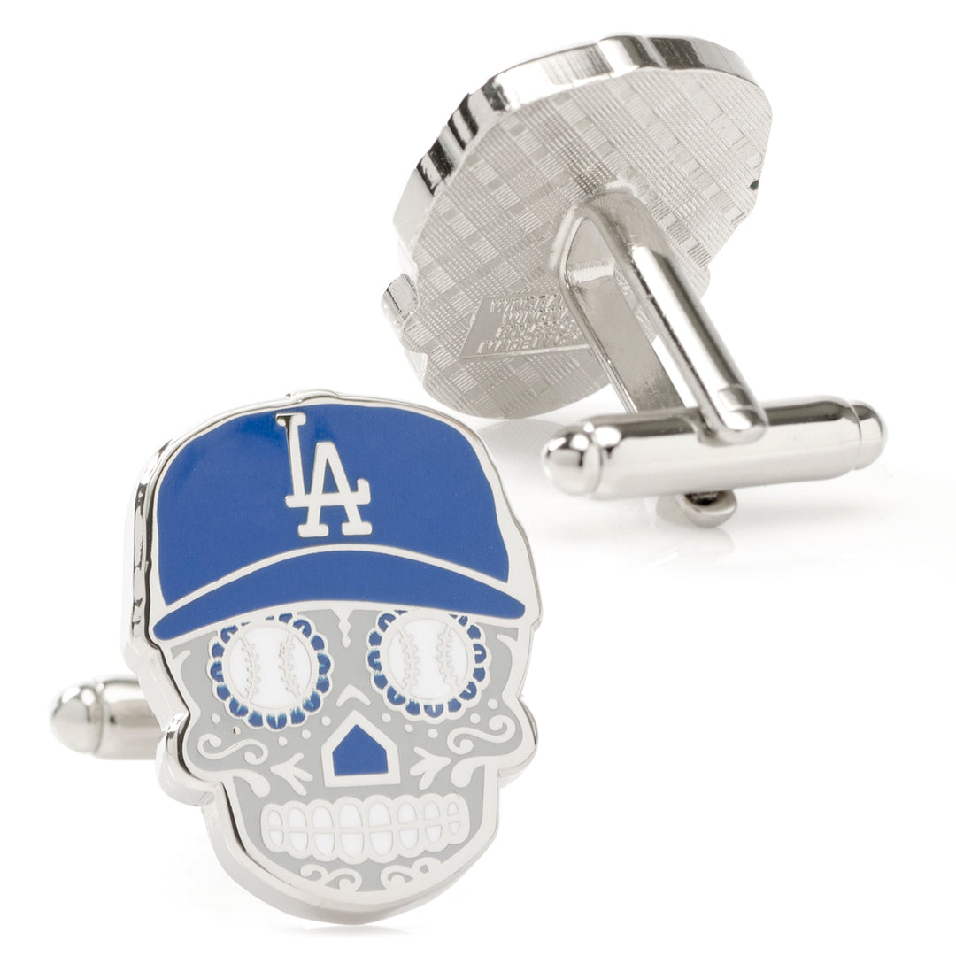 MLB LA Dodgers Sugar Skull Cufflinks featuring silver sugar skulls with baseball-patterned eyes and an LA Dodgers blue baseball cap.