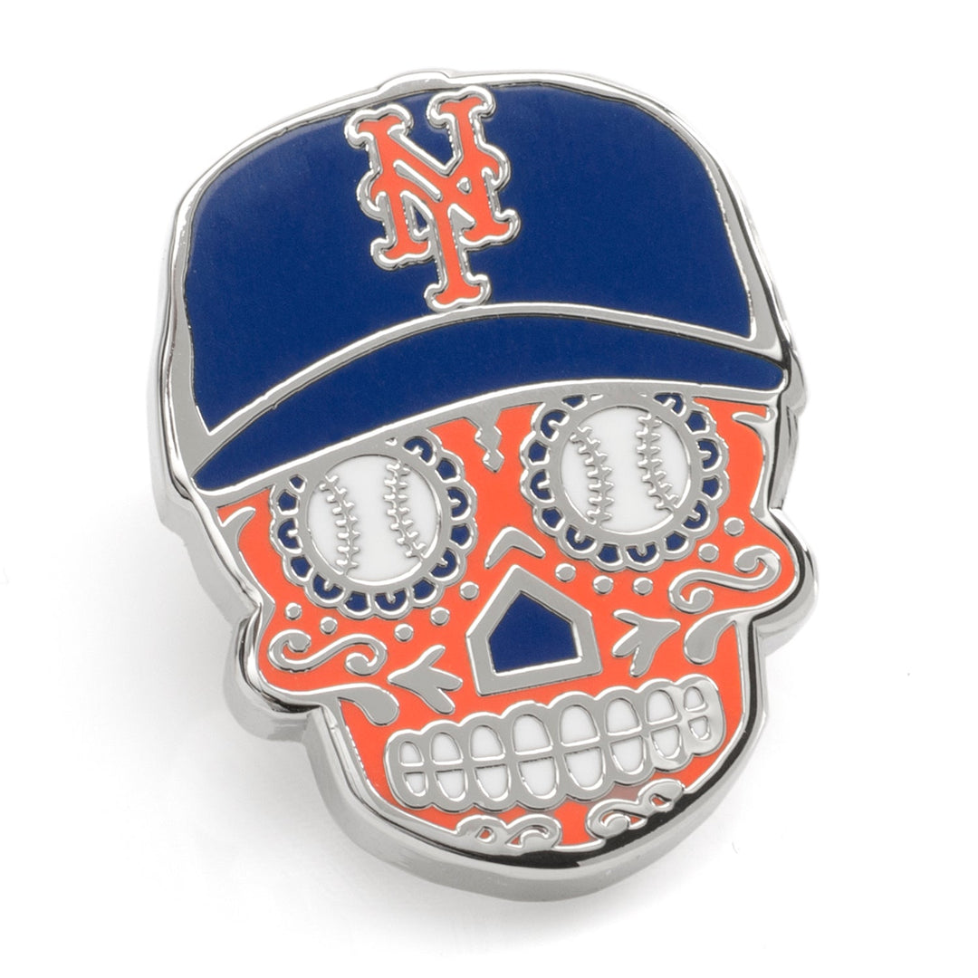 MLB New York Mets Sugar Skull Lapel Pin shaped like a sugar skull with a blue and orange baseball cap and baseballs as eye sockets.