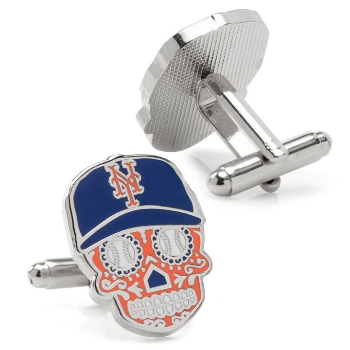 Silver-toned MLB New York Mets Sugar Skull Cufflinks featuring a baseball cap with a team logo and baseball-patterned eye sockets.