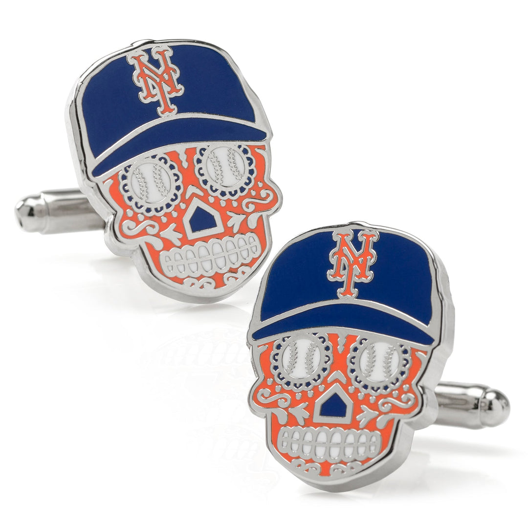 MLB New York Mets Sugar Skull Cufflinks featuring silver-tone skulls with blue baseball caps, orange team logos, and baseball-patterned eye sockets.
