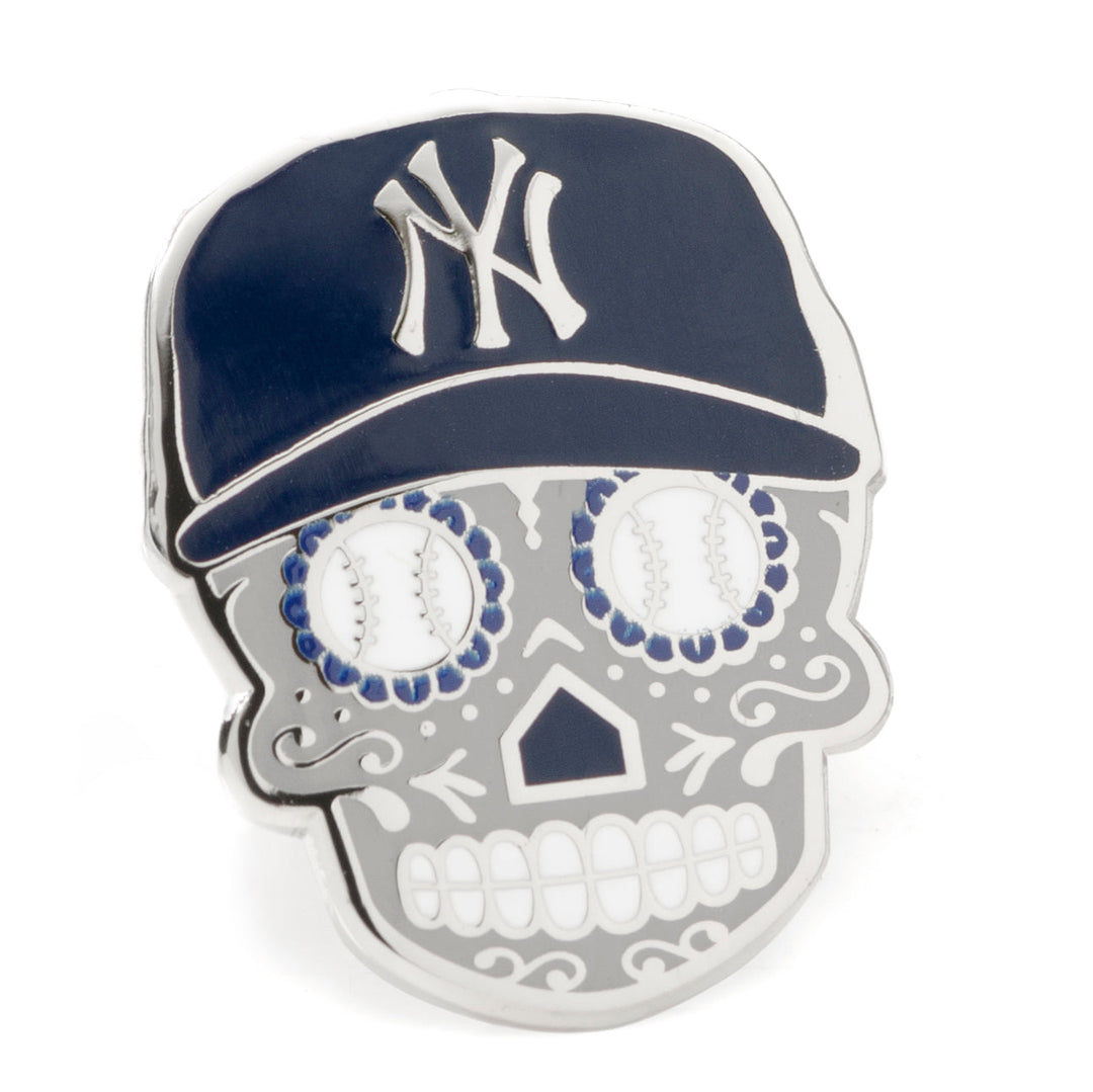 MLB New York Yankees Sugar Skull Lapel Pin featuring an enamel skull wearing a dark blue baseball cap with a white “NY” logo and baseballs for eyes.
