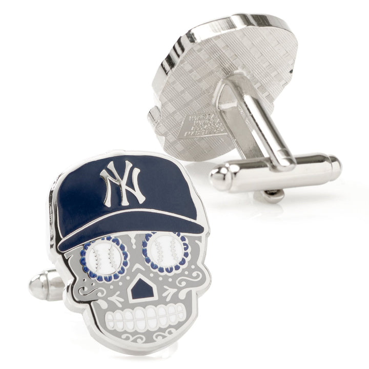 MLB New York Yankees Sugar Skull Cufflinks featuring a silver-toned skull wearing a navy baseball cap with a team logo and baseball-patterned eyes.