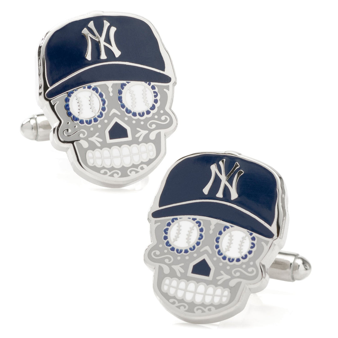 MLB New York Yankees Sugar Skull Cufflinks featuring baseball caps with a team logo and baseballs as eye sockets.