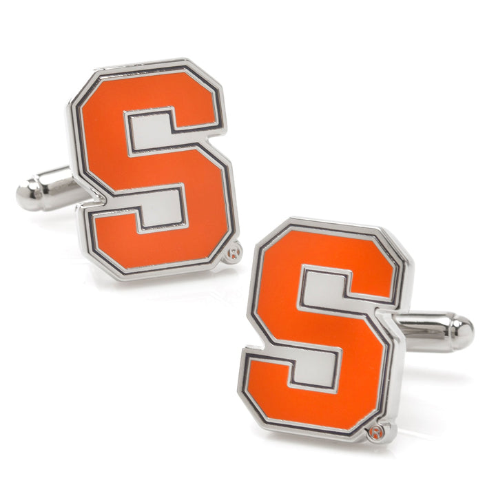 NCAA Syracuse University cufflinks featuring an orange block letter S with a white and silver border in a silver-tone finish.