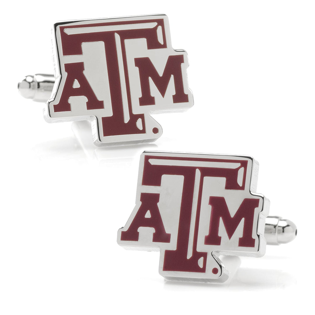 NCAA Texas A&amp;M Aggies cufflinks in silver-tone, featuring the maroon and white collegiate ATM logo.