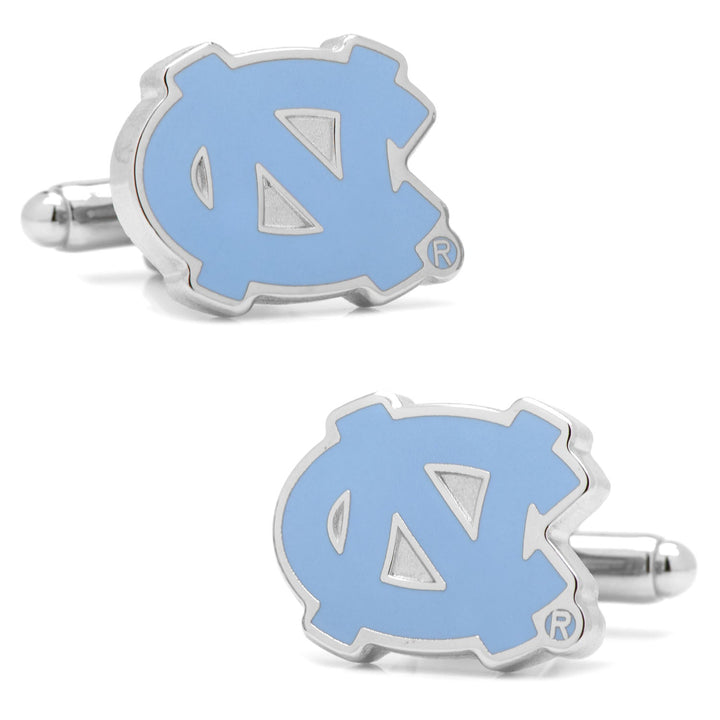 Two silver-tone NCAA University of North Carolina Tar Heels cufflinks featuring the light blue team logo.