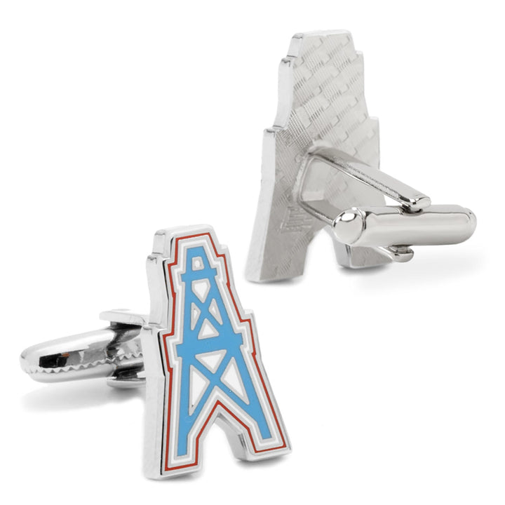 NFL Houston Oilers Vintage Cufflinks shaped like silver oil derricks, one displaying blue and red enamel and the other showing the metal back with a swivel toggle.