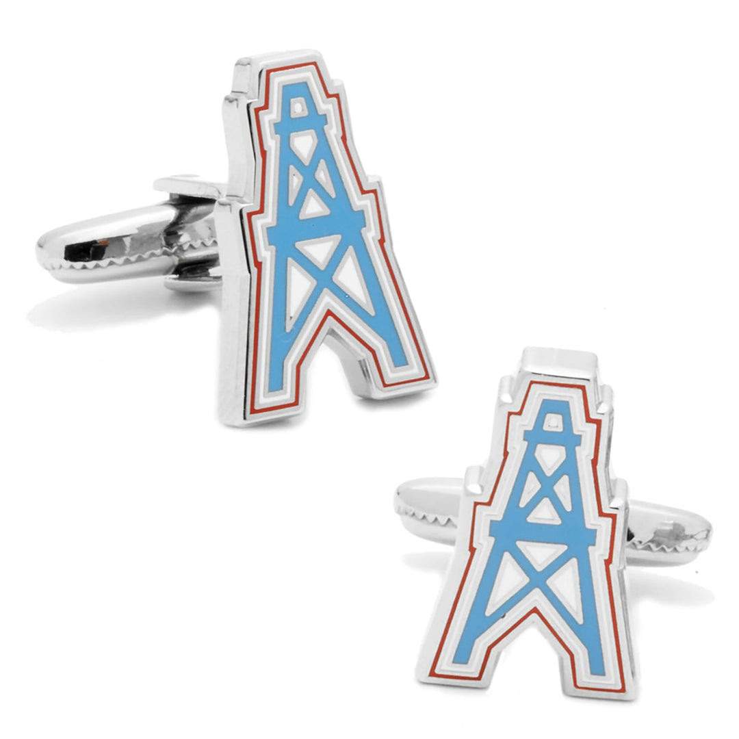 NFL Houston Oilers Vintage Cufflinks, a pair of silver-tone cufflinks featuring a blue and red oil derrick logo.