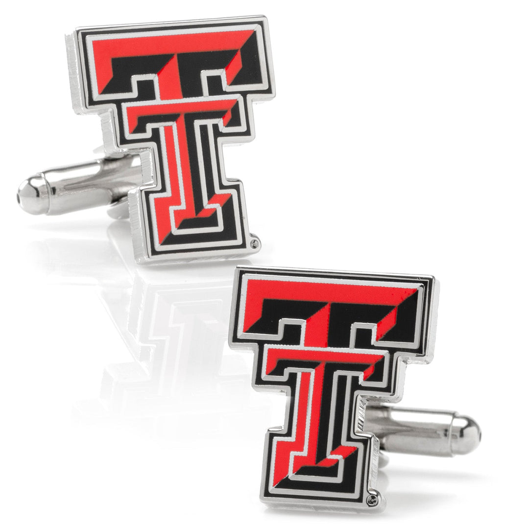 NCAA Texas Tech University Red Raiders Cufflinks, a silver-toned pair featuring the red and black interlocking “TT” logo.