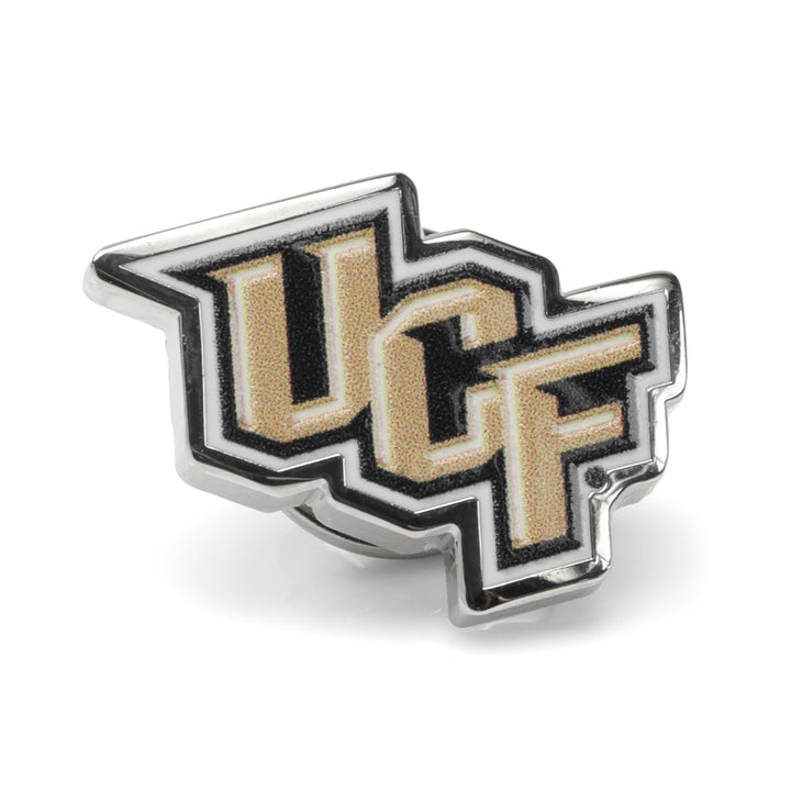 NCAA University of Central Florida Knights lapel pin, a silver-tone metal UCF logo with gold textured lettering and black outlines.