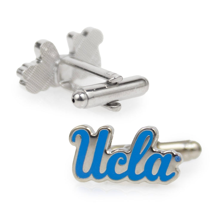 A pair of silver NCAA UCLA Bruins Cufflinks featuring the word “Ucla” in blue script lettering.