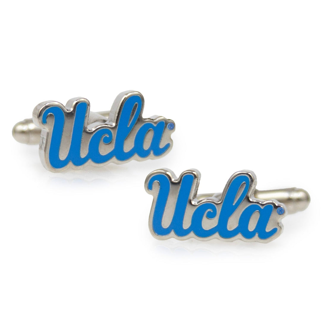 NCAA UCLA Bruins cufflinks featuring two silver-tone pieces with blue script lettering “Ucla.”